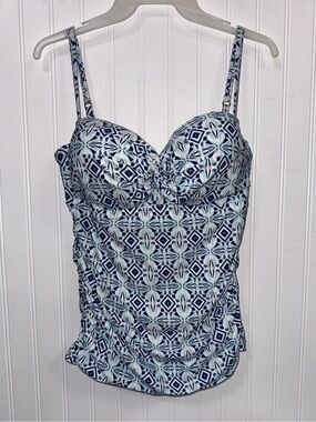 Helen Jon Women’s Ruched Geometric Tankini Top Swimsuit Blue & White Coastal
